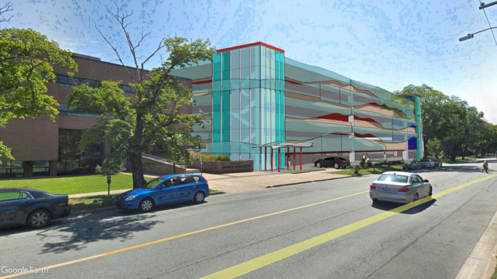 Digital rendering of the proposed hospital parkade on Summer Street beside the Museum of Natural History.