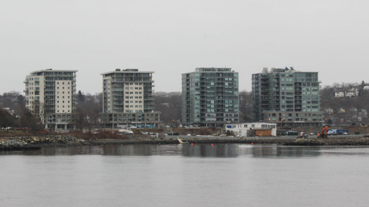 The King's Wharf development site, as seen from Halifax Harbour. The proposal includes 12 additional mixed-use buildings and two public parks.