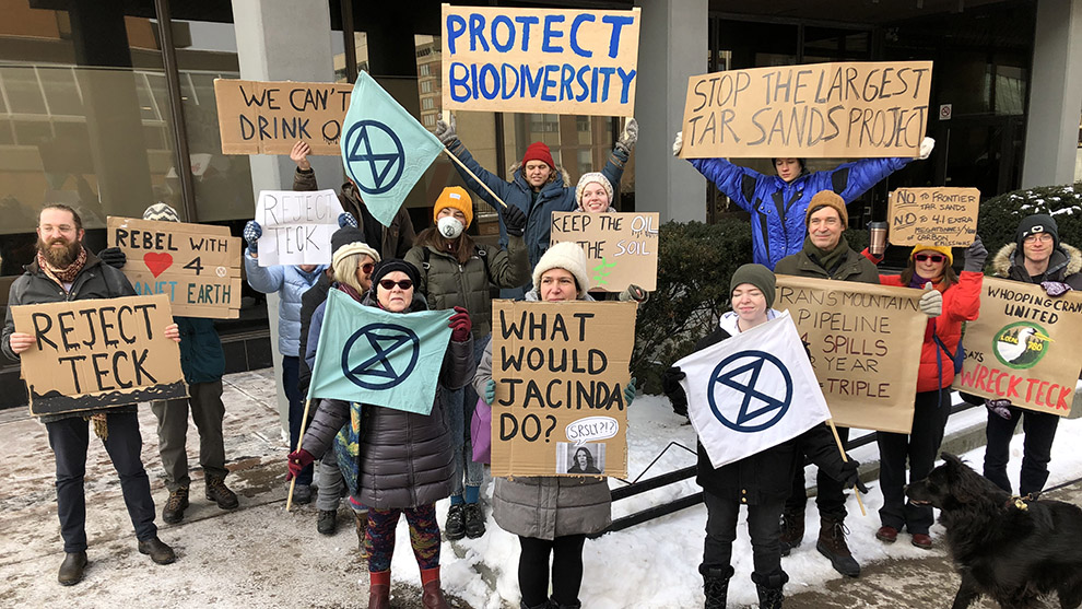 Extinction Rebellion Halifax protests the proposed Teck Frontier oil sands development outside MP Andy Fillmore's office. 