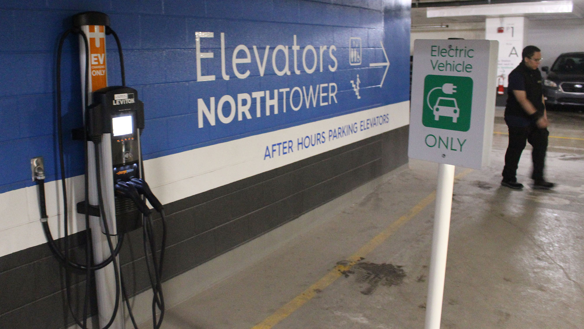 An electric vehicle charging station in the parking garage of the Halifax Convention Centre. Installing these chargers in old and new buildings in HRM will be key to making driving electric a viable option for more HRM residents.