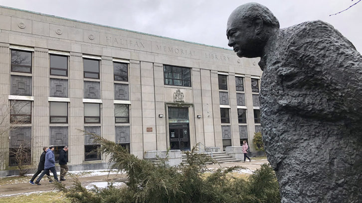 Statue of Winston Churchill in front of the Halifax Memorial Library. 