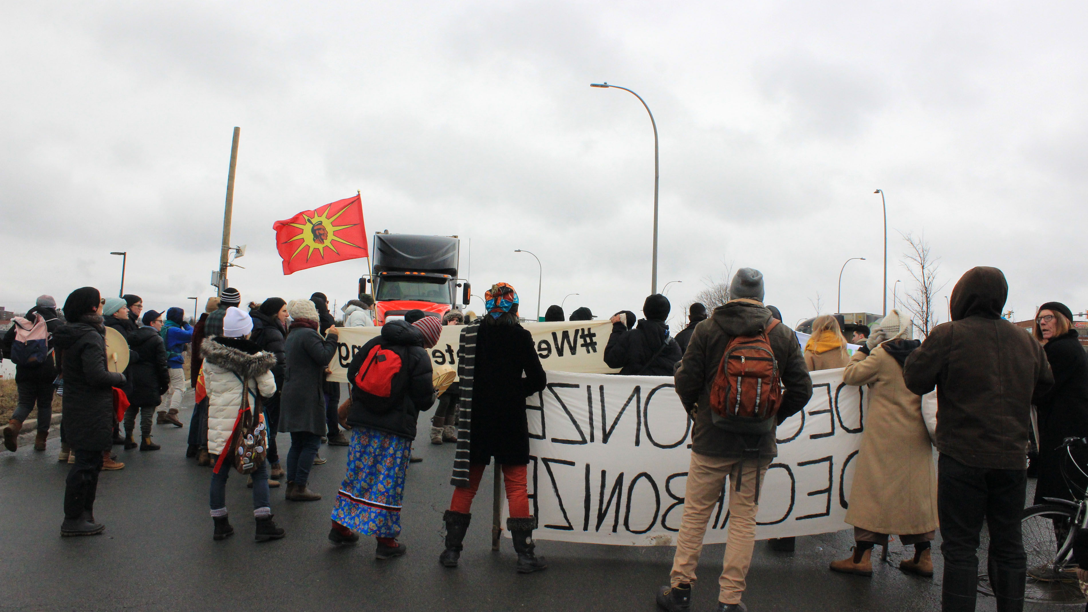 More than 150 people stood on Bayne Road in Halifax, blocking cargo trucks in solidarity with Wet’suwet’en Indigenous groups in B.C. 