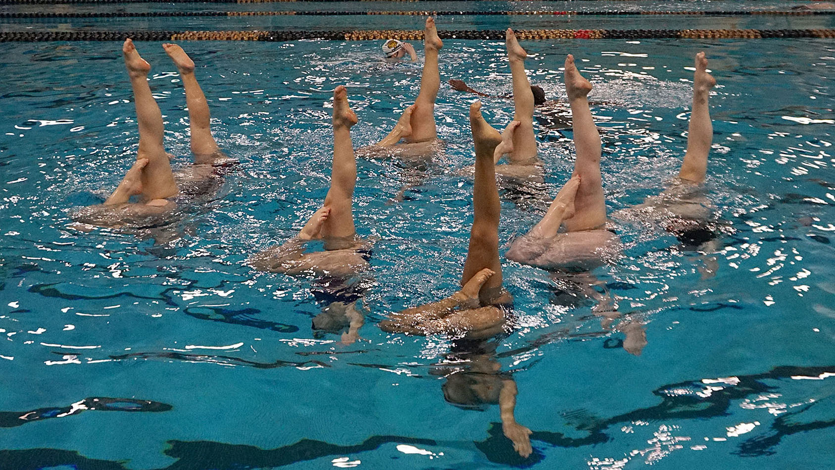 Dalhousie's synchronized swimming team holds a bent-knee position.