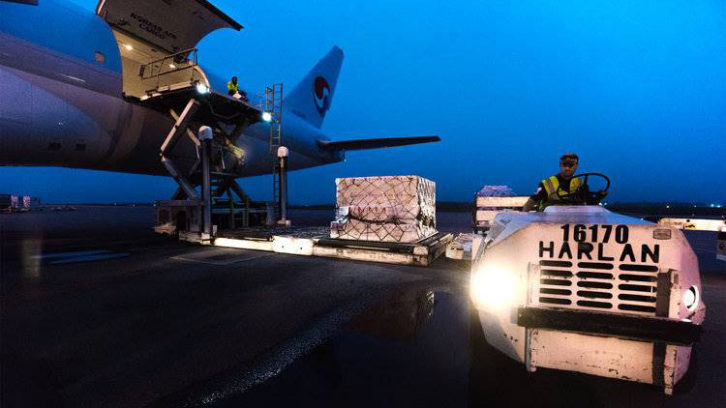 A cargo plane being loaded at the Halifax Stanfield Airport.