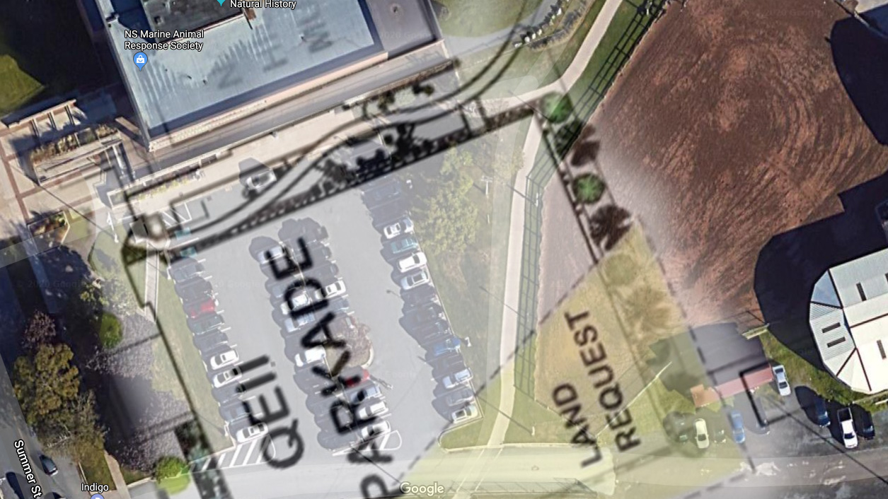 The proposed site of the parkade, transposed onto an aerial view of the surroundings.