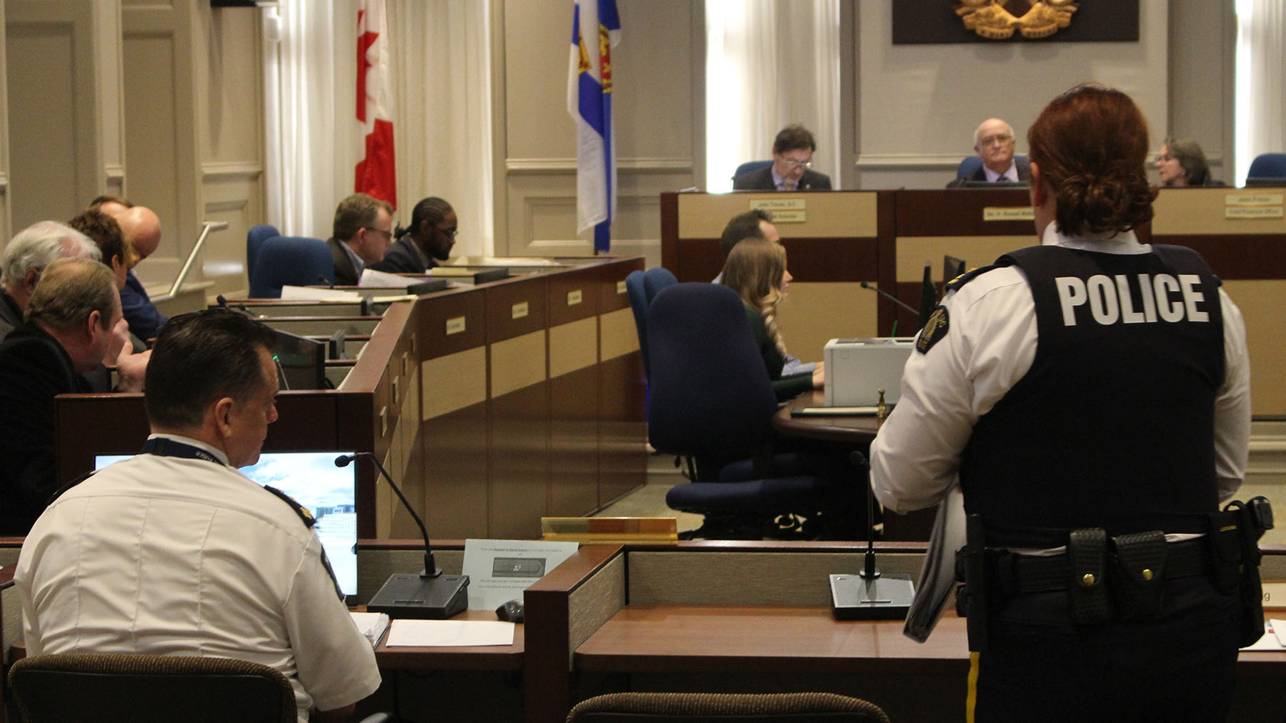 HRP Chief Dan Kinsella (left) and RCMP Chief Superintendent Janis Gray (right) present their budget proposals to Halifax Regional Council Wednesday.