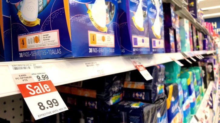 Menstrual products available at Shoppers Drug Mart.