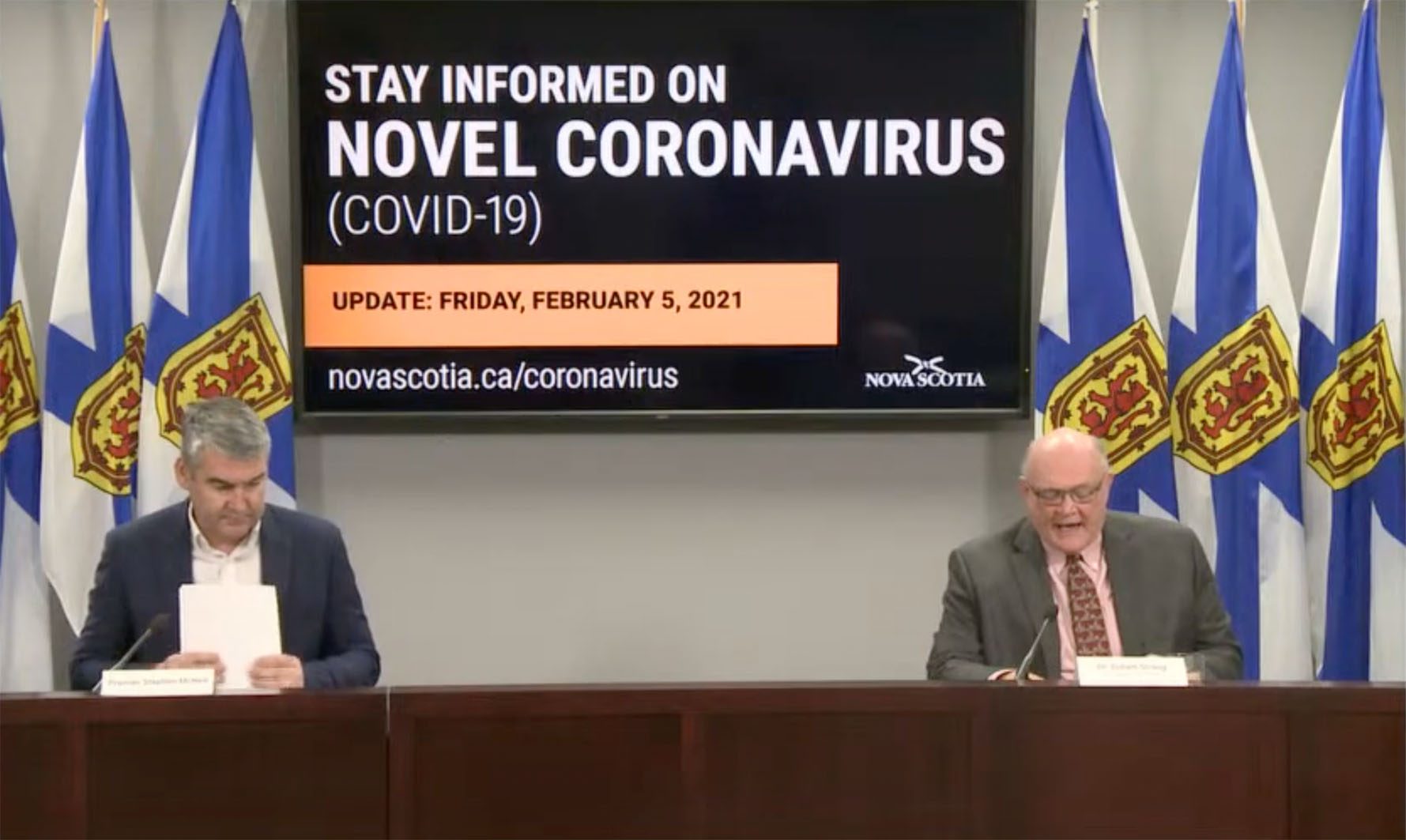 Premier Stephen McNeil (left) and Chief Medical Officer of Health Dr. Robert Strang announce no new COVID-19 cases on Friday. 