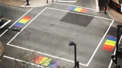 Rainbow crosswalks at the intersection of Spring Garden Road and Queen Street, as seen from the Halifax Central Library