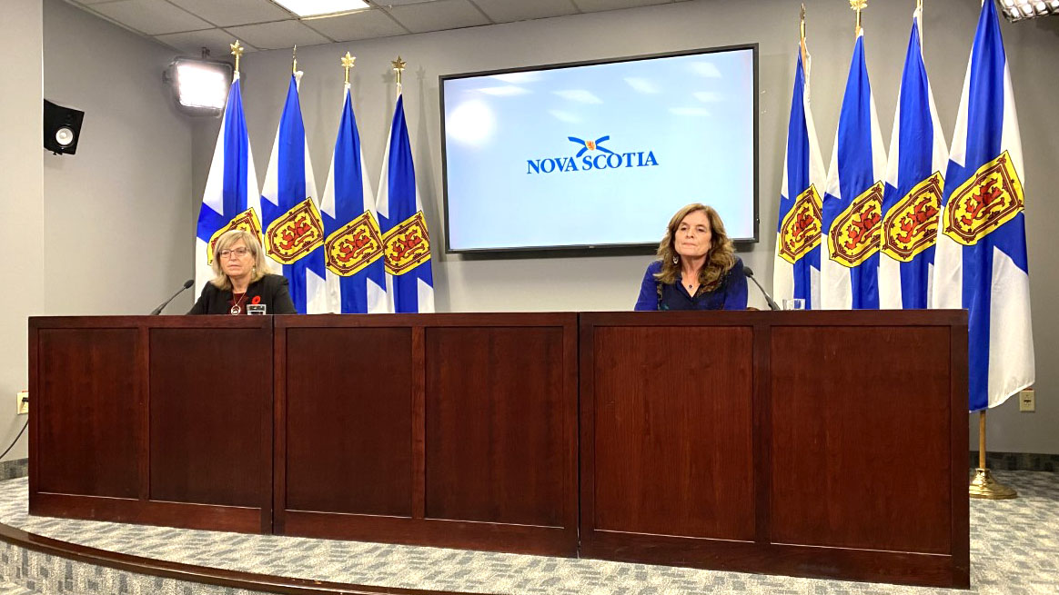 Barbara Adams, minister of seniors and long-term care, (left) and Dr. Shelley Deeks, deputy chief medical officer of health, at a COVID-19 briefing on Monday.
