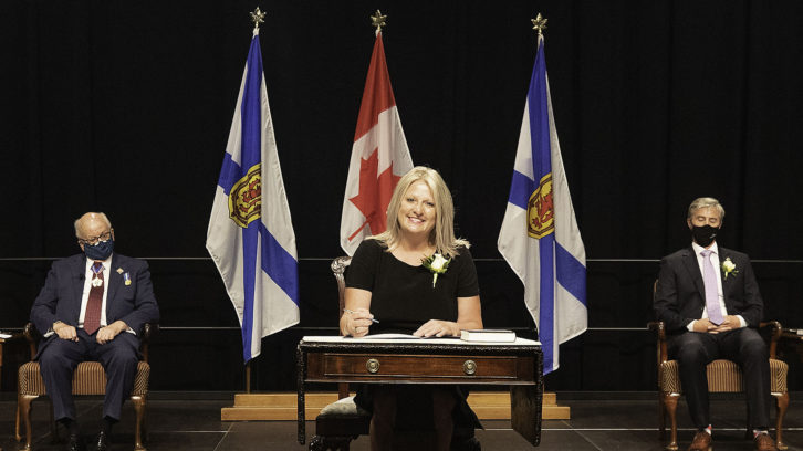 Public Works Minister Kim Masland being sworn in as a cabinet minister in Halifax on Aug. 31, 2021.