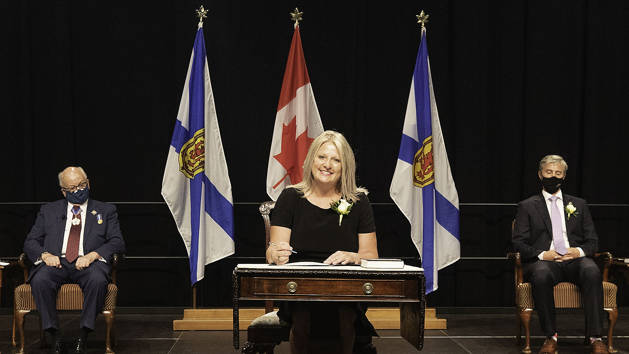 Public Works Minister Kim Masland being sworn in as a cabinet minister in Halifax on Aug. 31, 2021.