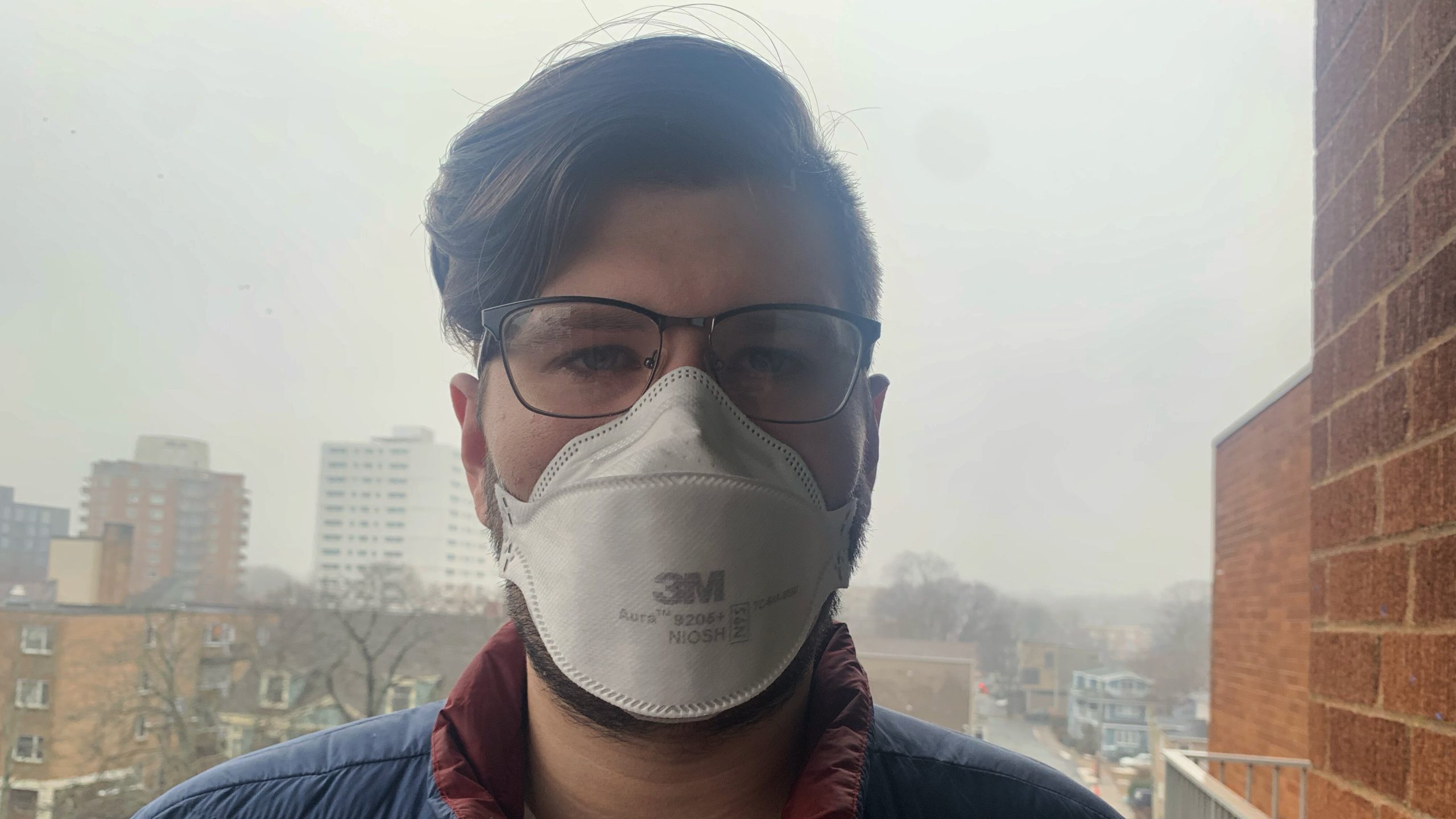  Jamie Watton is wearing an N95 respirator mask, In Halifax. 
