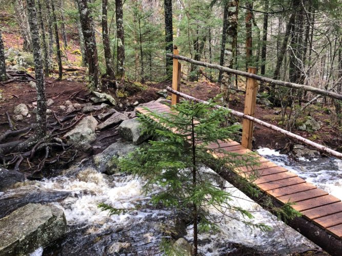 A wooden footbridge with a handrail stretches over a rushing brook as rugged terrain waits on the far side.