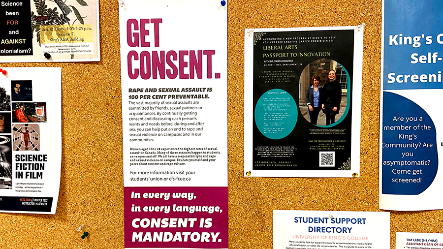 On a bulletin board in the basement of the Arts and Administration building is a poster educating students about consent, on Jan. 27, 2022. 
