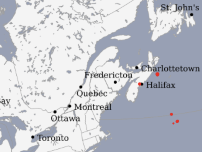 A map of eastern Canada shows Nova Scotia with red dots indicating lighting strkes in the Halifax area.