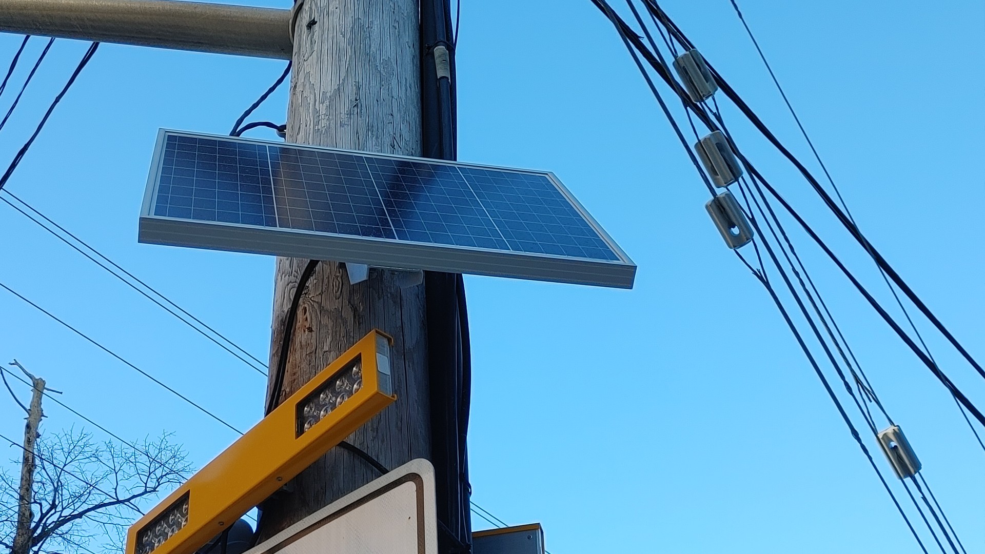 A solar panel on South street that powers the pedestrian crosswalks. 