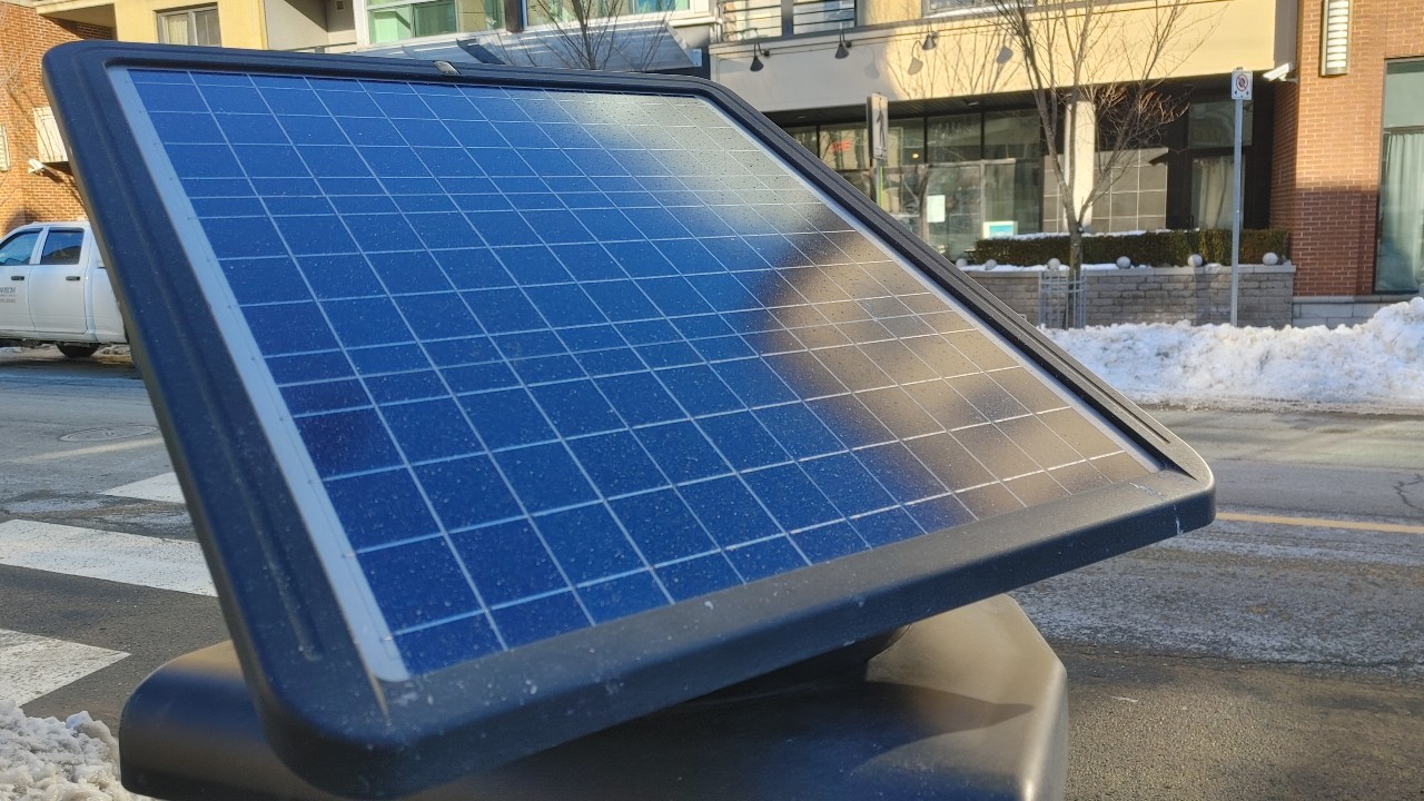 an angled solar panel on a parking station on Barrington street.