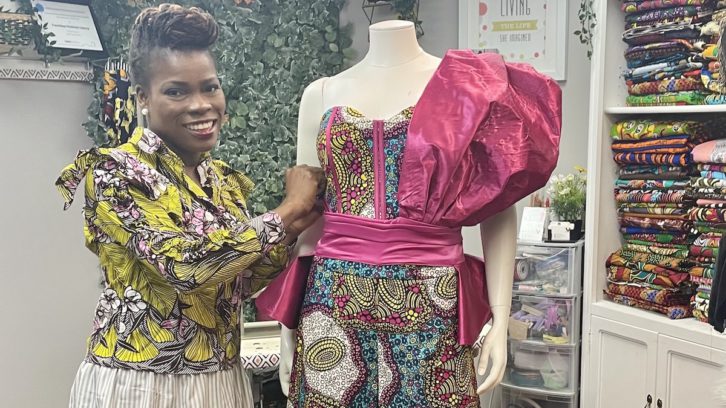 Funmi Odeniyi, the founder and owner of Michnat Fashion, is seen here in her studio in Dartmouth.