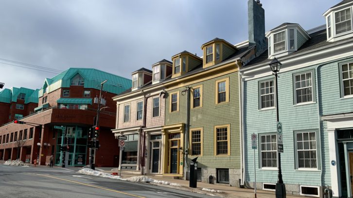 A row of houses on the corner of Morris and Queen Streets in Halifax.