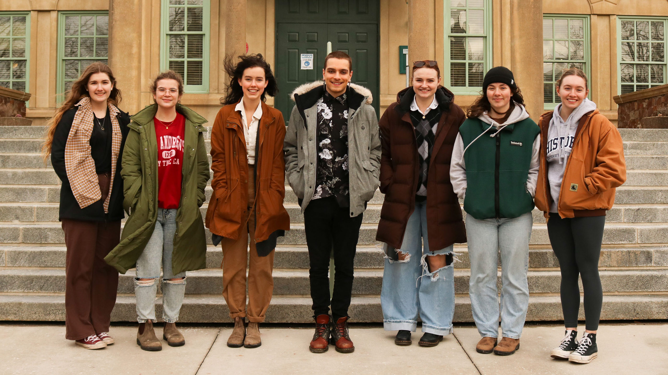 King’s Wellness Society’s executive team stands outside the campus library in Halifax on Thursday, February 17, 2022. (L-R): Grace Lloyd, administrative director; Amy Dolland, internal events coordinator; Maggie Power, diversity, inclusion and accessibility student advocate; Jonathon Gotlib, president; Olivia Piercey, communications director; Shay Forbes, director of social media and Sam Flood, vice president.