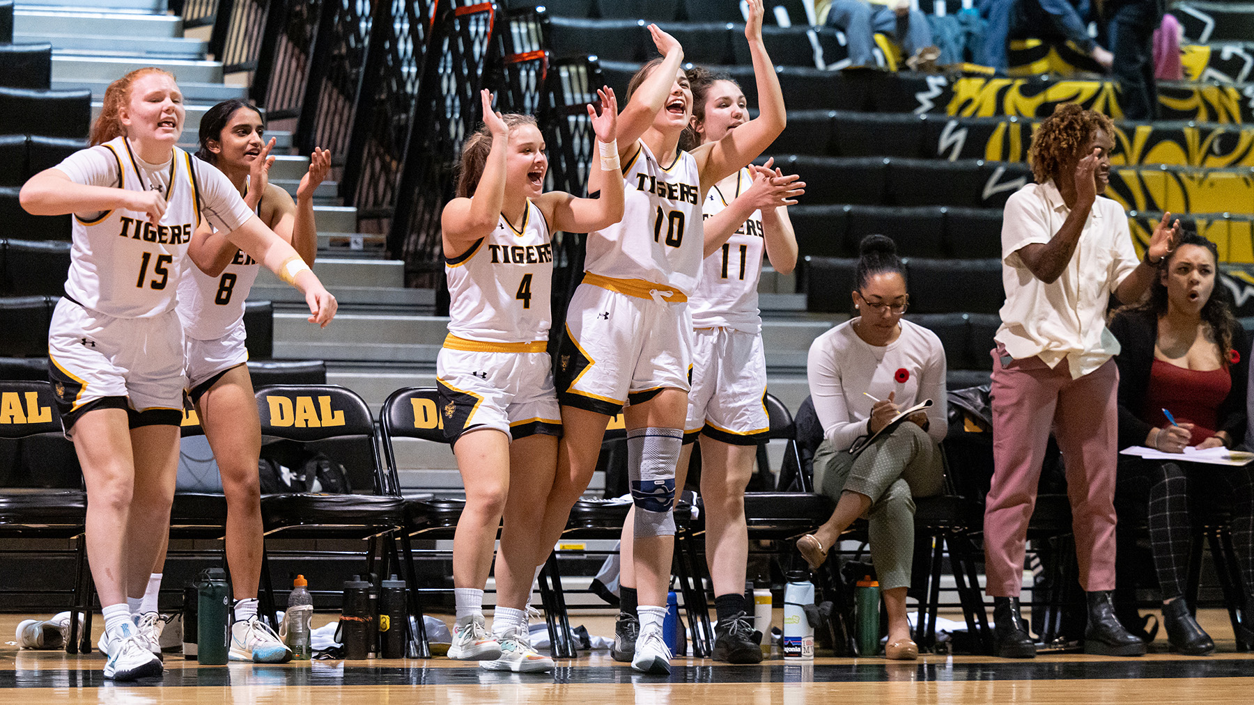 Players and assistant coaches for the Dalhousie women's basketball team cheer from the bench. Marika Williams (right) is taking part in the female coach development program.