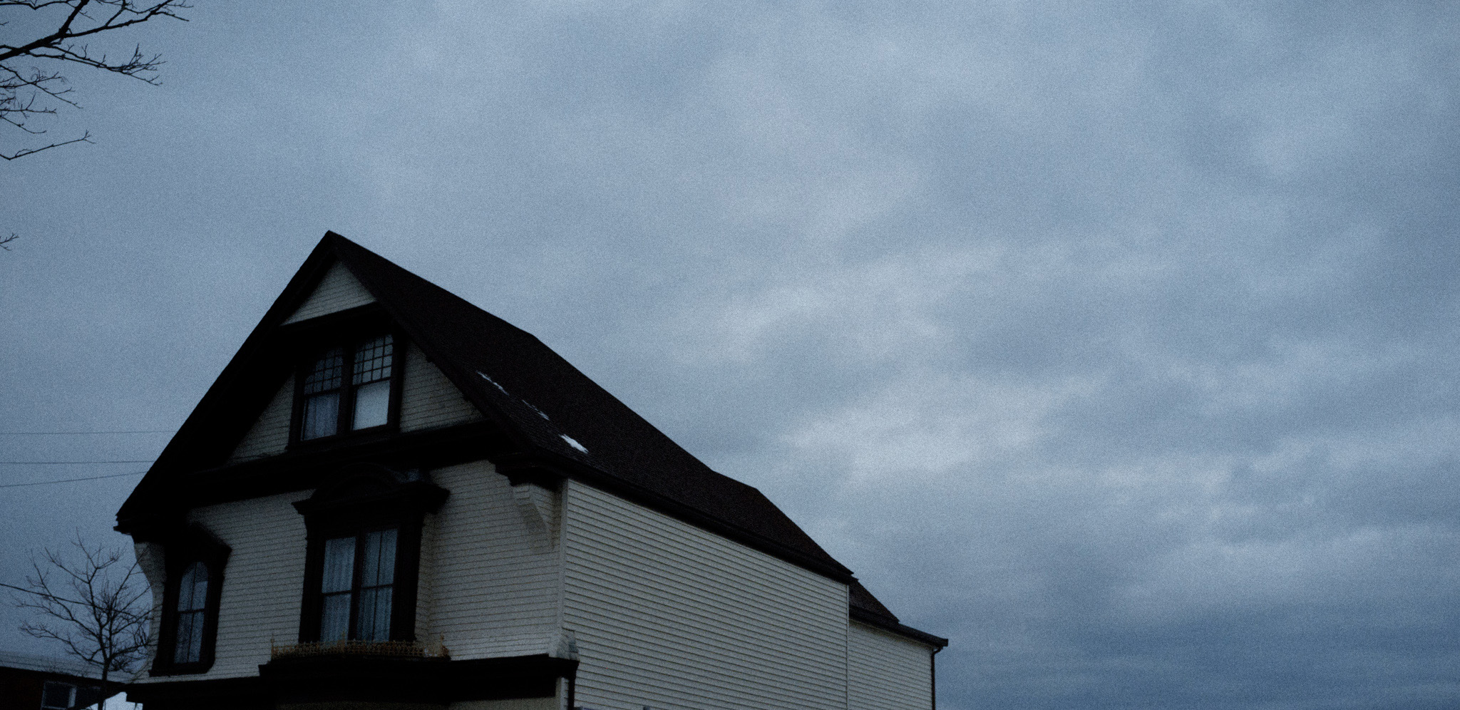 A wood-sided, black-roofed house stands under a grey sky.