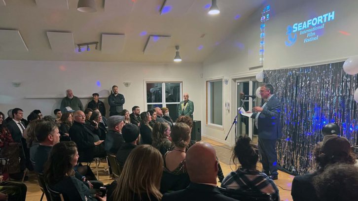 Film professor Scott Henderson speaks to the crowd at the Seaforth International Film Festival on Saturday.