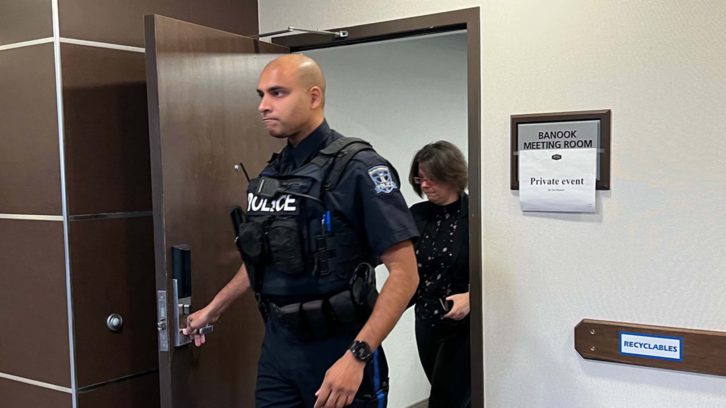 Const. Jason Wilson leaves the police review board hearing on Monday.