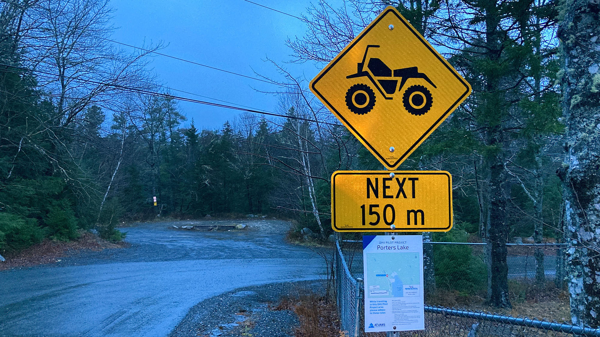 A sign marks the beginning of the Porters Lake Off-Highway Vehicle Pilot Project route on Myra Road. While the Porters Lake route is short and connects nearby trails, others across the province extend for more than five kilometres.