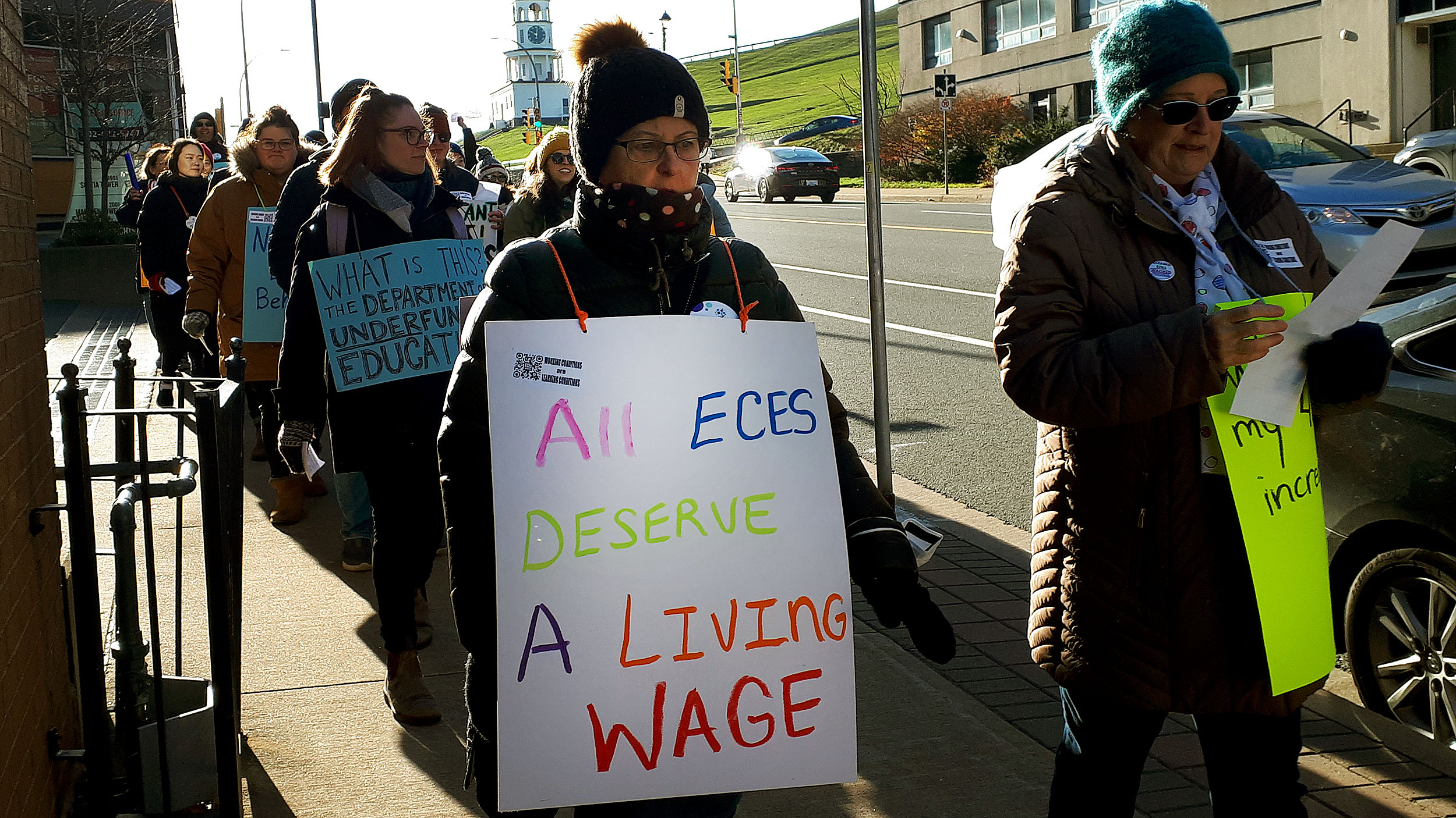 Early childhood educators rallied and marched down Brunswick Street in Halifax on Wednesday, advocating for fairer wages and benefits.