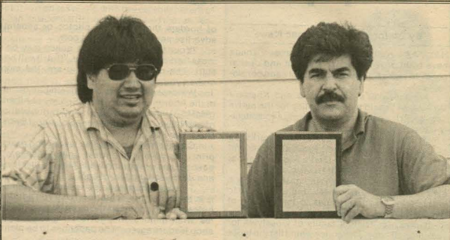 Reporter Clifford Paul (left) and editor Brian Douglas showcase awards won at the second annual Aboriginal Multi-Media Festival in Halifax in 1988.