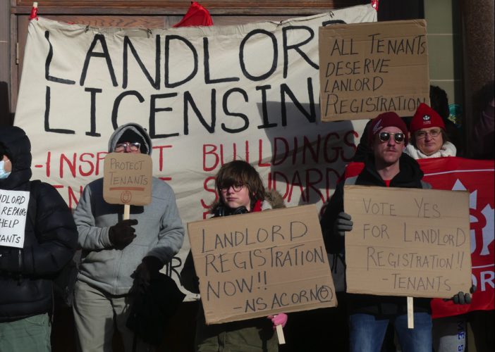 Members of Nova Scotia ACORN rally outside of Halifax City Hall prior to a Tuesday’s meeting  where council discussed several housing issues. 