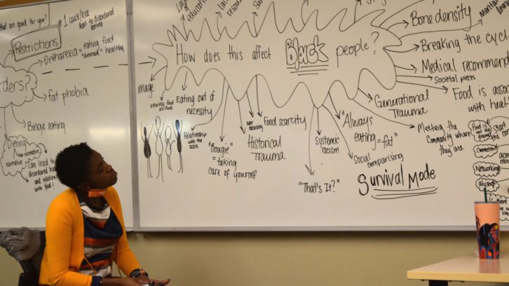 Woman in a neon orange shirt and a mask around her chin stares at whiteboard filled with notes on how eating disorders affect Black people. 