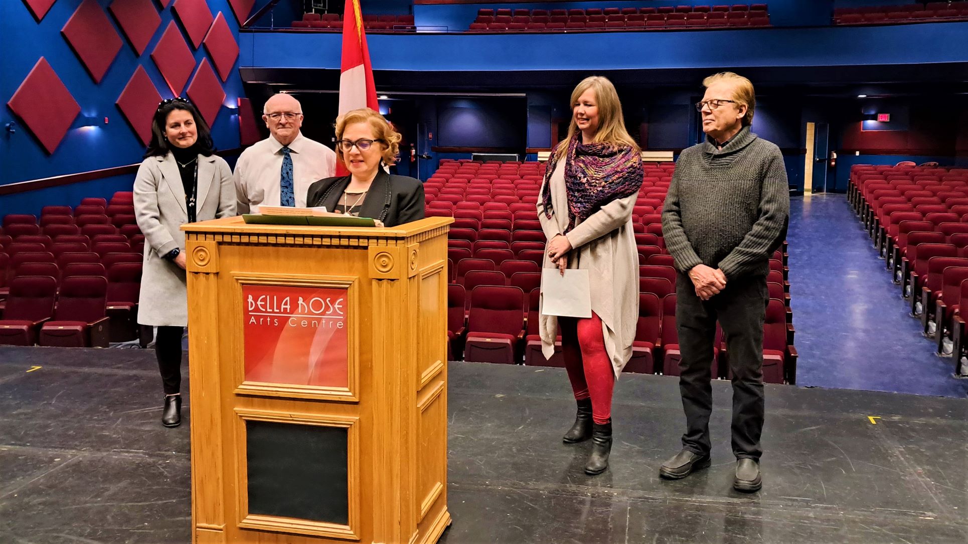 West Halifax MP Lena Metlege Diab announces funding for the Bella Rose Arts Centre Society as, from left, Lee Anne Amaral, Russell Walker, Amie Moore and Gary O’Hara listen. 