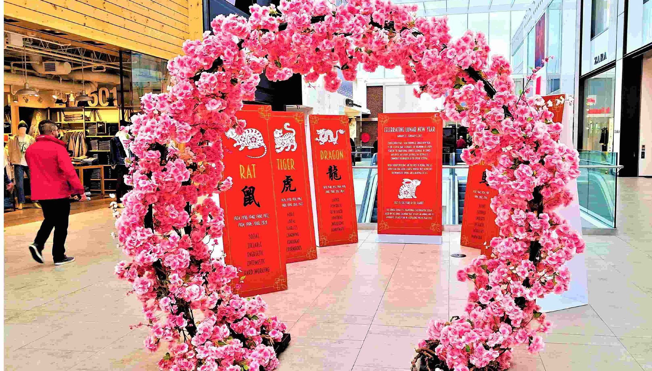 A person in a red jacket walks beside an exhibit with a flower arch and displays showing the animals from the Chinese Zodiac.
