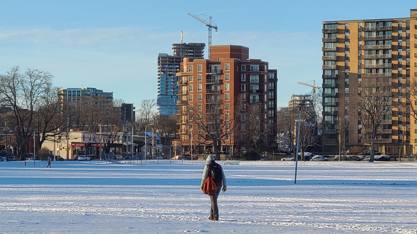 A person walks across the Halifax Commons with snow on the ground and apartment buildings in the background.