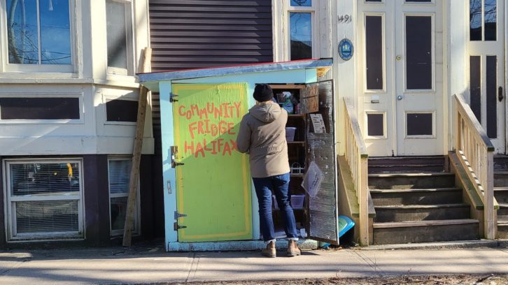 The Halifax Community Fridge is located at 1491 Carlton Street outside the Glitter Bean Cafe.