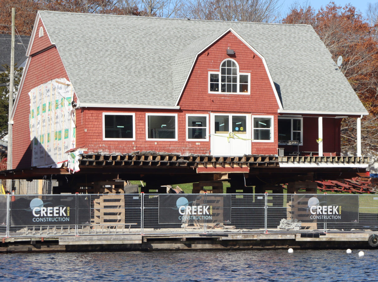 Front view of the red building at Lake Banook