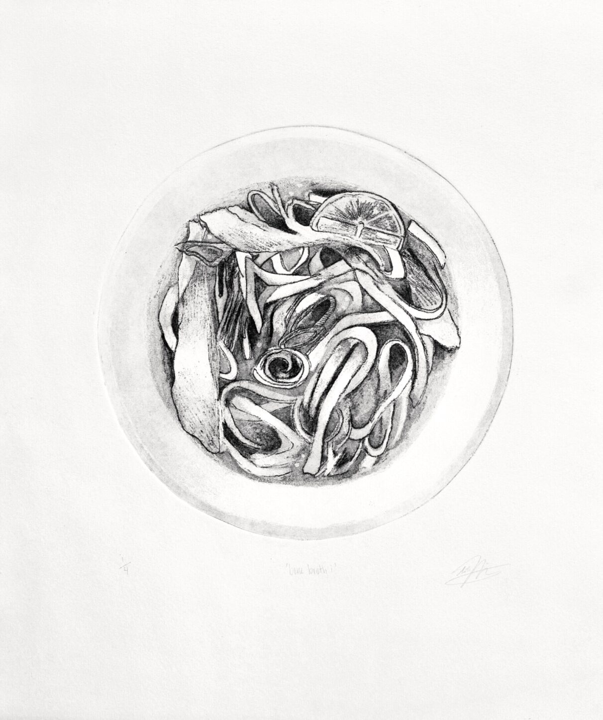 A black and white of a bowl of noodles.