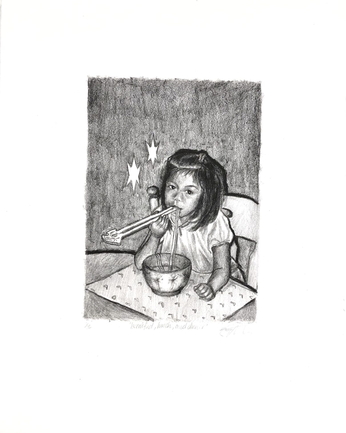 A print of a young girl eating noodles from a bowl with chopsticks.