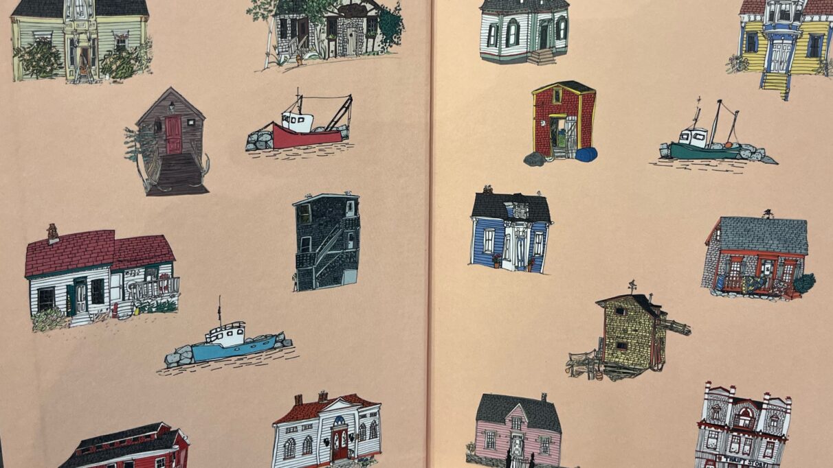 The inside of one of Emma FitzGerald's books. Sketches of houses and boats are drawn on the pages.