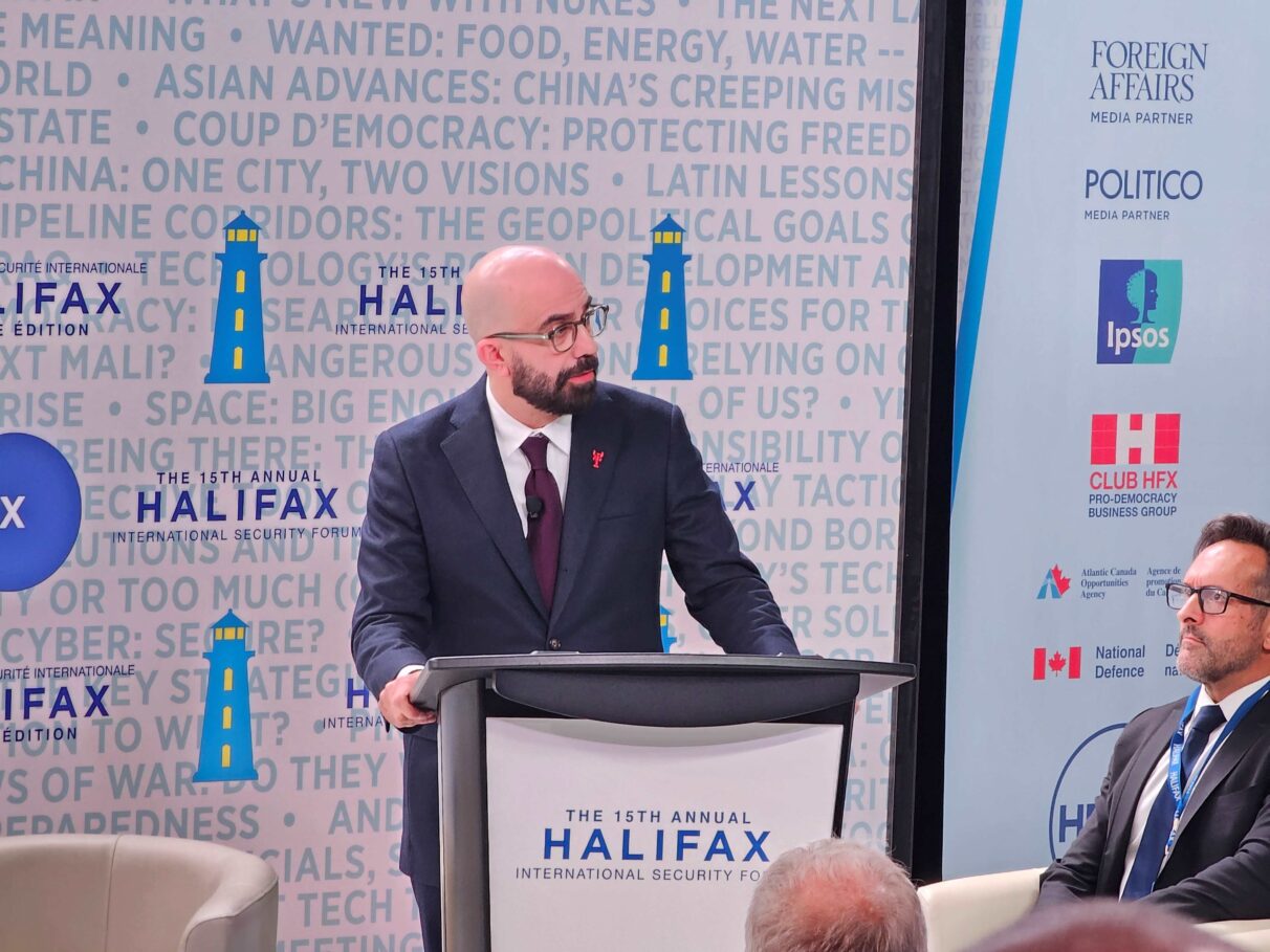 A man makes a speech at Halifax's security forum