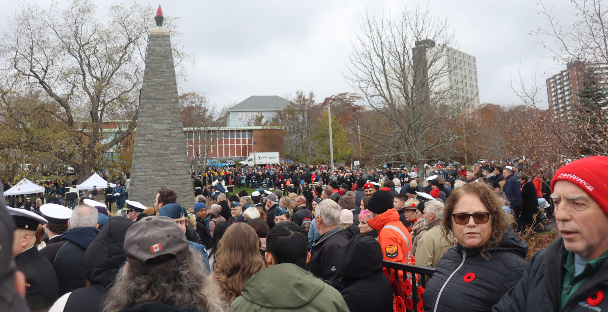 A large crowd awaits the Remembrance Day Ceremony to start in Dartmouth, NS.