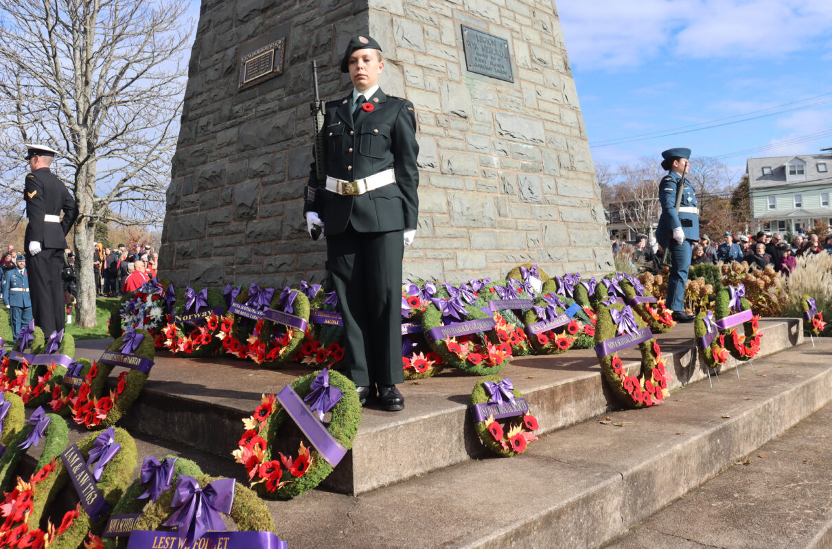 Soldiers standing guard at the cenotaph during Remembrance Day at Sullivan's Pond