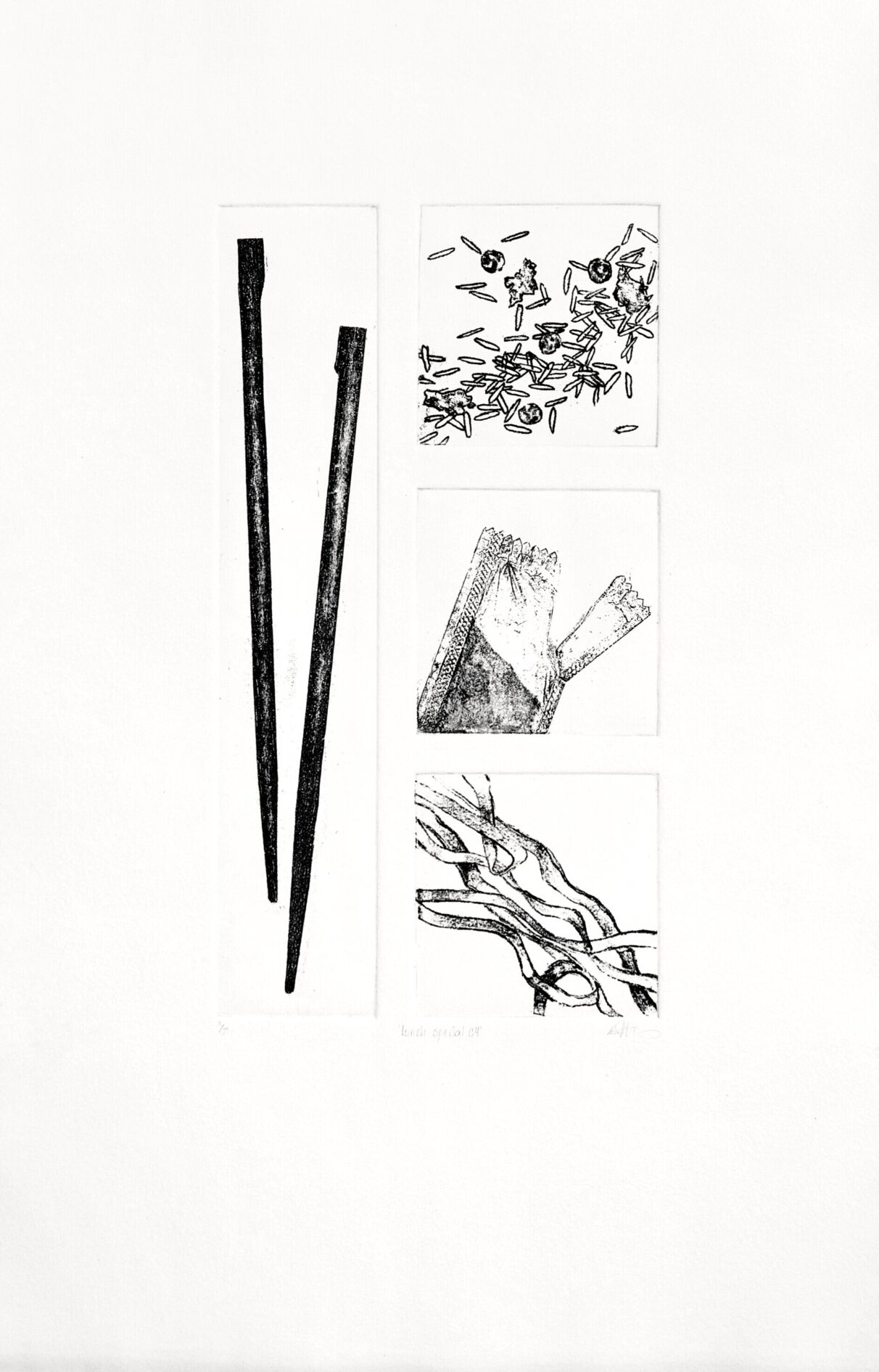 A print made up of four separate photos: chopsticks, food flying through the air, an open packet of liquid and noodles.