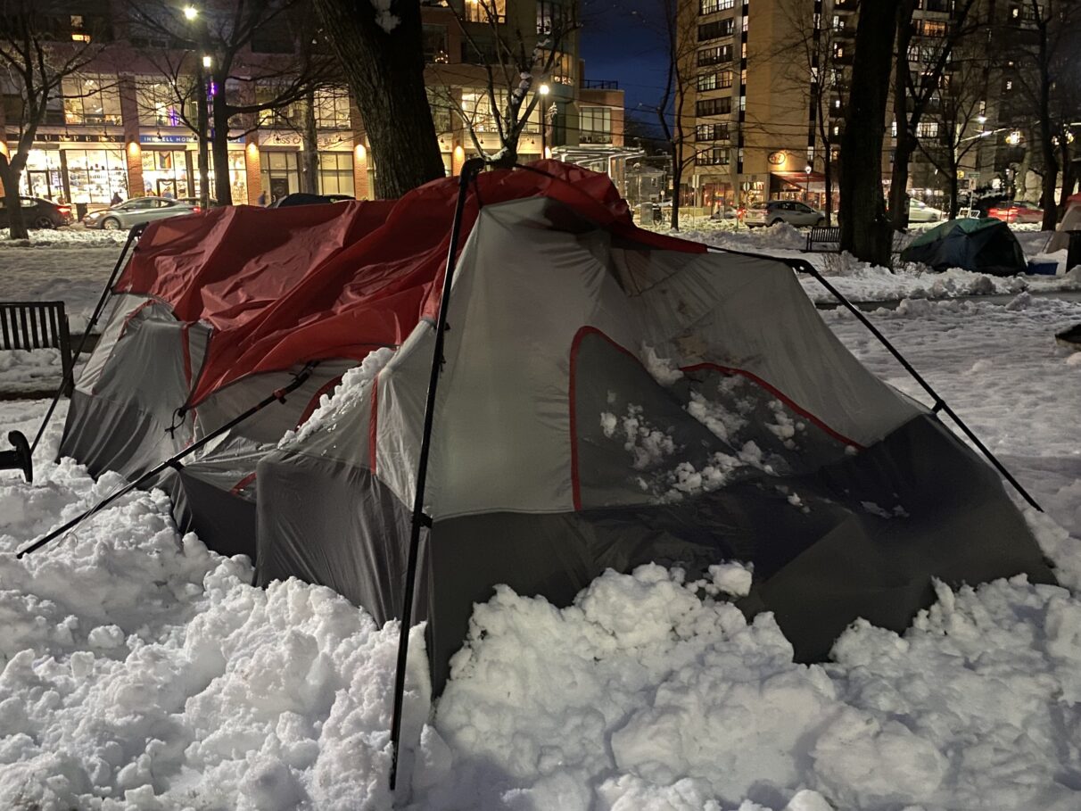 A flailing tent in snow, downtown Halifax