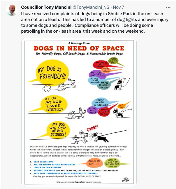 A screenshot of a post on X from Tony Mancini explaining that there have been complaints of dogs being off-leash at Shubie Park where they are required to be on-leash. An infographic is attached titled “Dogs in need of space.”