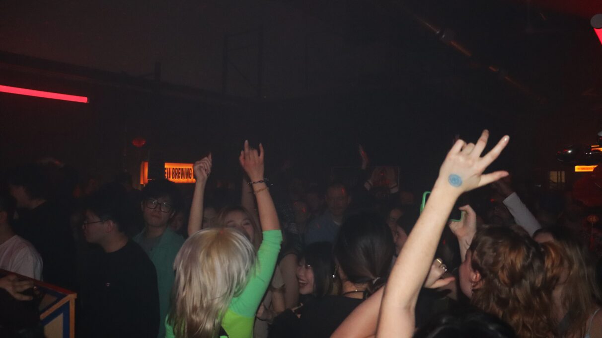 People hands up and dance in the crowd.