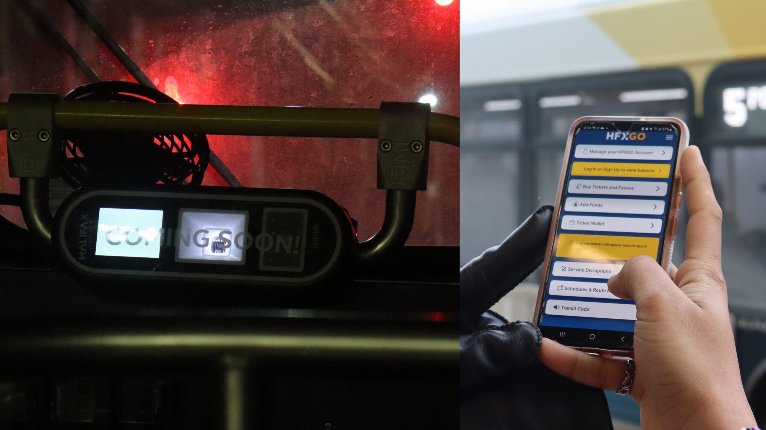 The left is a bus validator with the word "coming soon" on it. The right is a person holding a mobile phone. On the screen is the homepage of the HFXGO app, with the No. 5 bus behind it.